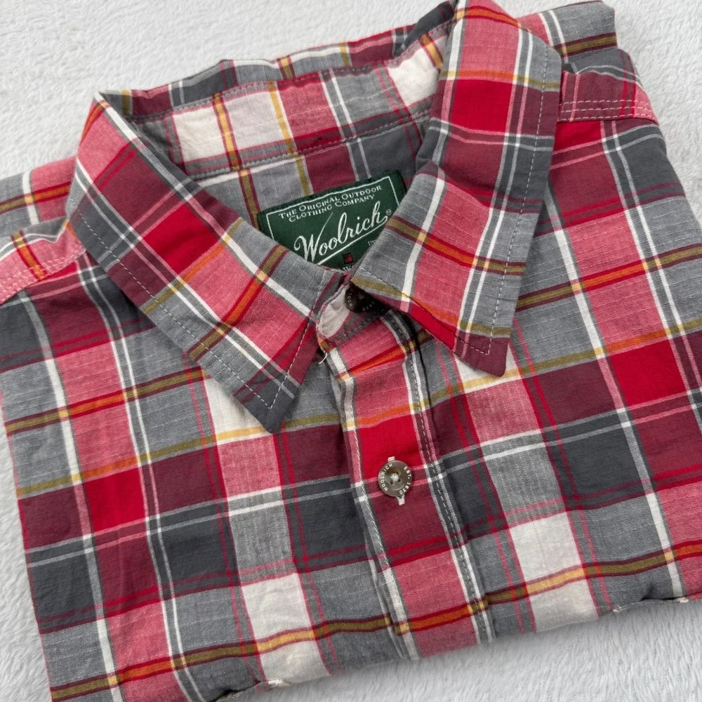 Woolrich Button Down Shirt Mens XL Red Plaid Short Sleeve Organic Cotton Stretch